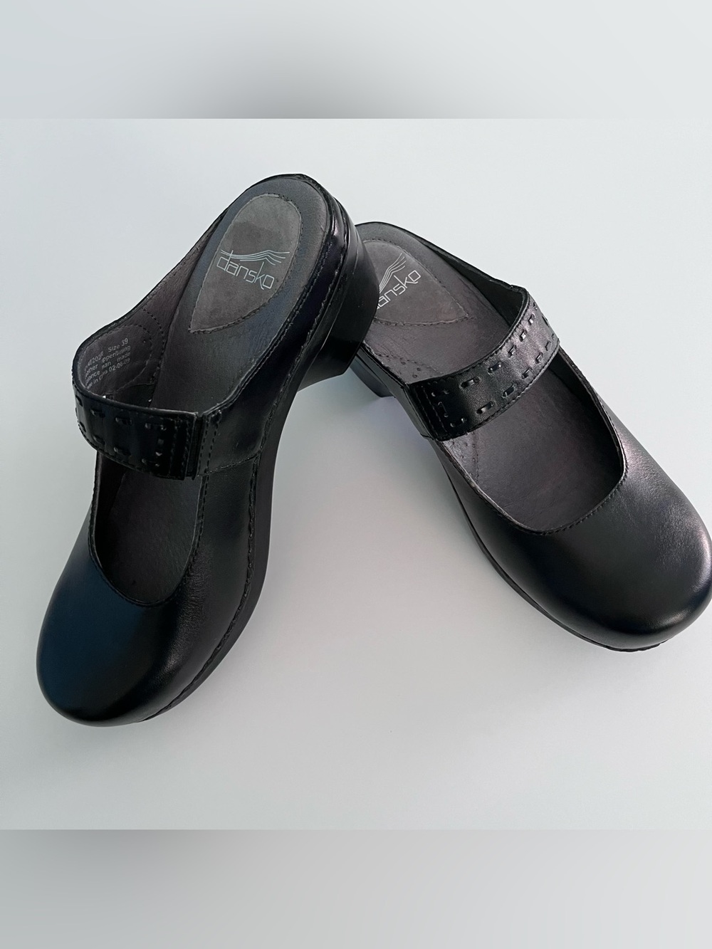 Dansko Mary Jane Black Leather Clog Shoe with Floral Strap